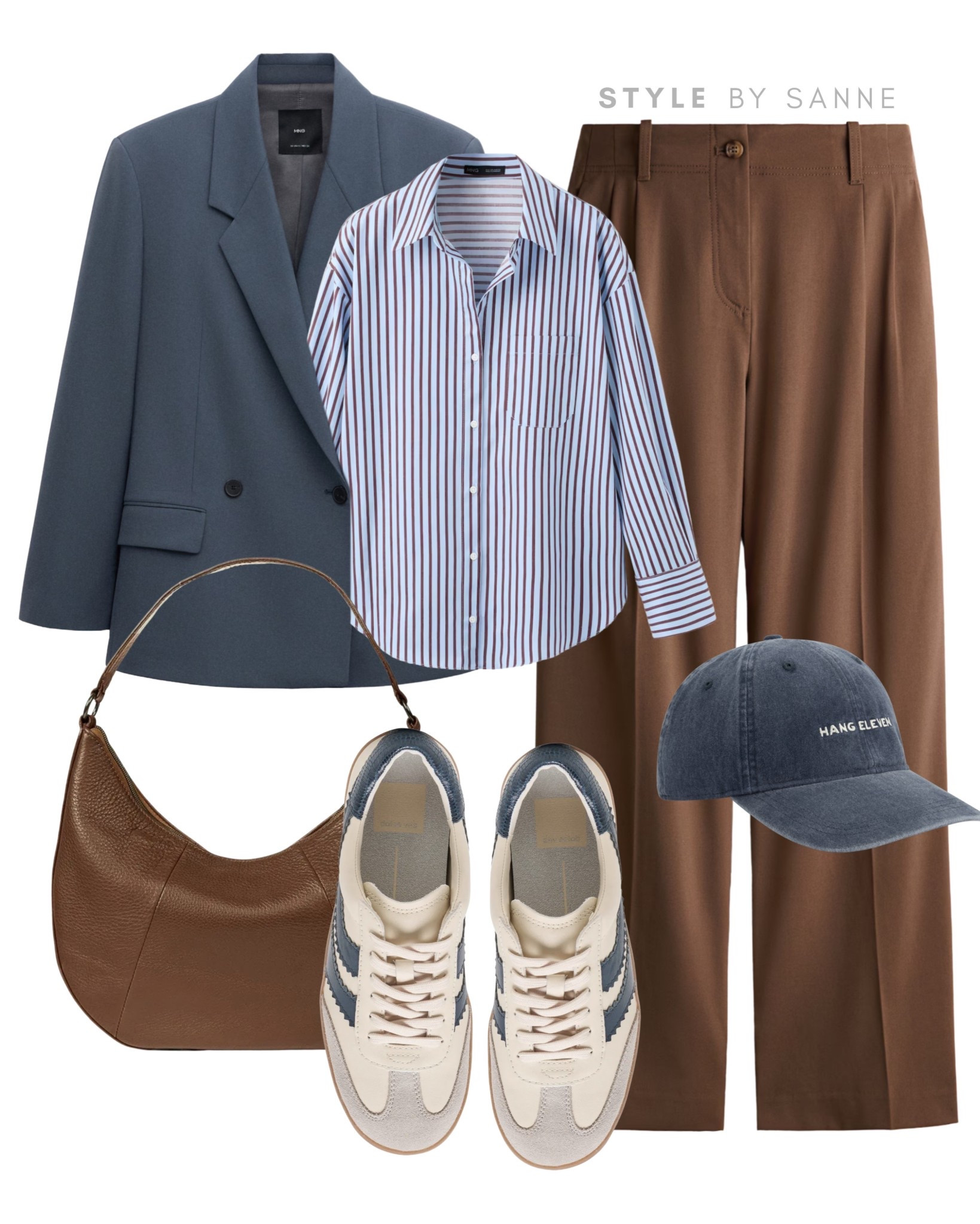 A soft blue blazer paired with warm brown trousers creates a sophisticated color contrast, balanced with a classic striped shirt. Finished with neutral sneakers, a leather shoulder bag and a casual cap for an effortlessly polished everyday look.✨

#LTKWorkwear #LTKspring #LTKootd