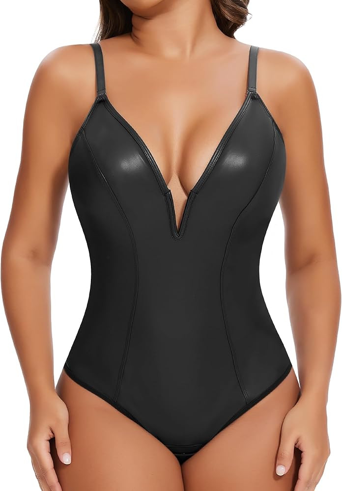 SHAPERIN Women's Deep V Neck Faux Leather Bodysuit Tummy Control Shapewear Thong Body Shaper Plun... | Amazon (US)