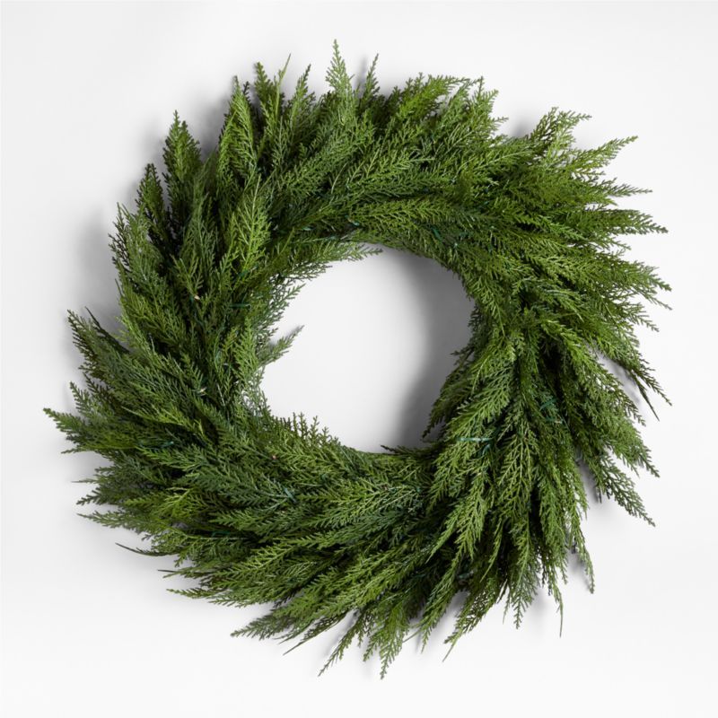 Faux Hemlock Pine Pre-Lit LED Wreath 28" | Crate and Barrel | Crate & Barrel