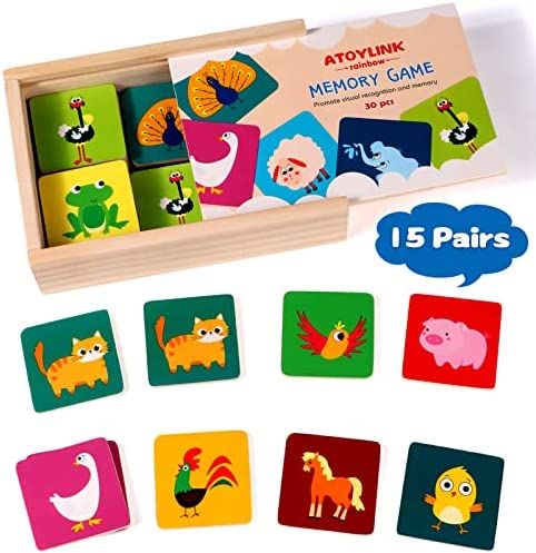 Matching Memory Game for Kids 3 and Up - 30pcs Cute Animal Wooden Memory Card Matching Games Camp... | Amazon (US)