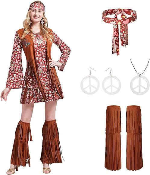 Women 70s Hippie Costume Set, 60s Hippy Costume Outfits Fringe Vest Boho Dress with Peace Sign Ne... | Amazon (US)