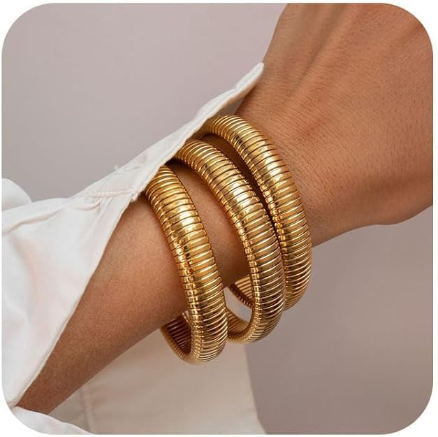 Gold Bangles for Women Set of 3 Chunky Stretch Bangles Bracelets 24K Gold Plated Stainless Steel ... | Amazon (US)