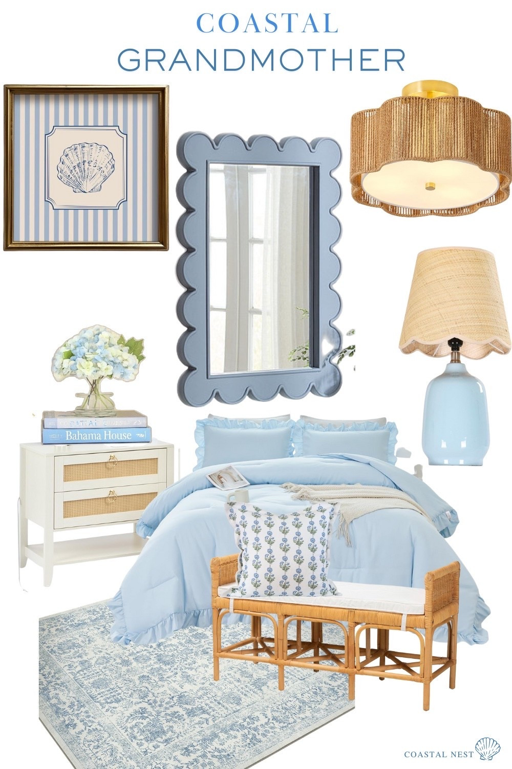 Coastal grandmother home decor | bedroom | rattan bench | scallop mirror | shell print art | light blue hues | hydrangeas | amazon finds

#LTKSaleAlert #LTKHome #LTKU