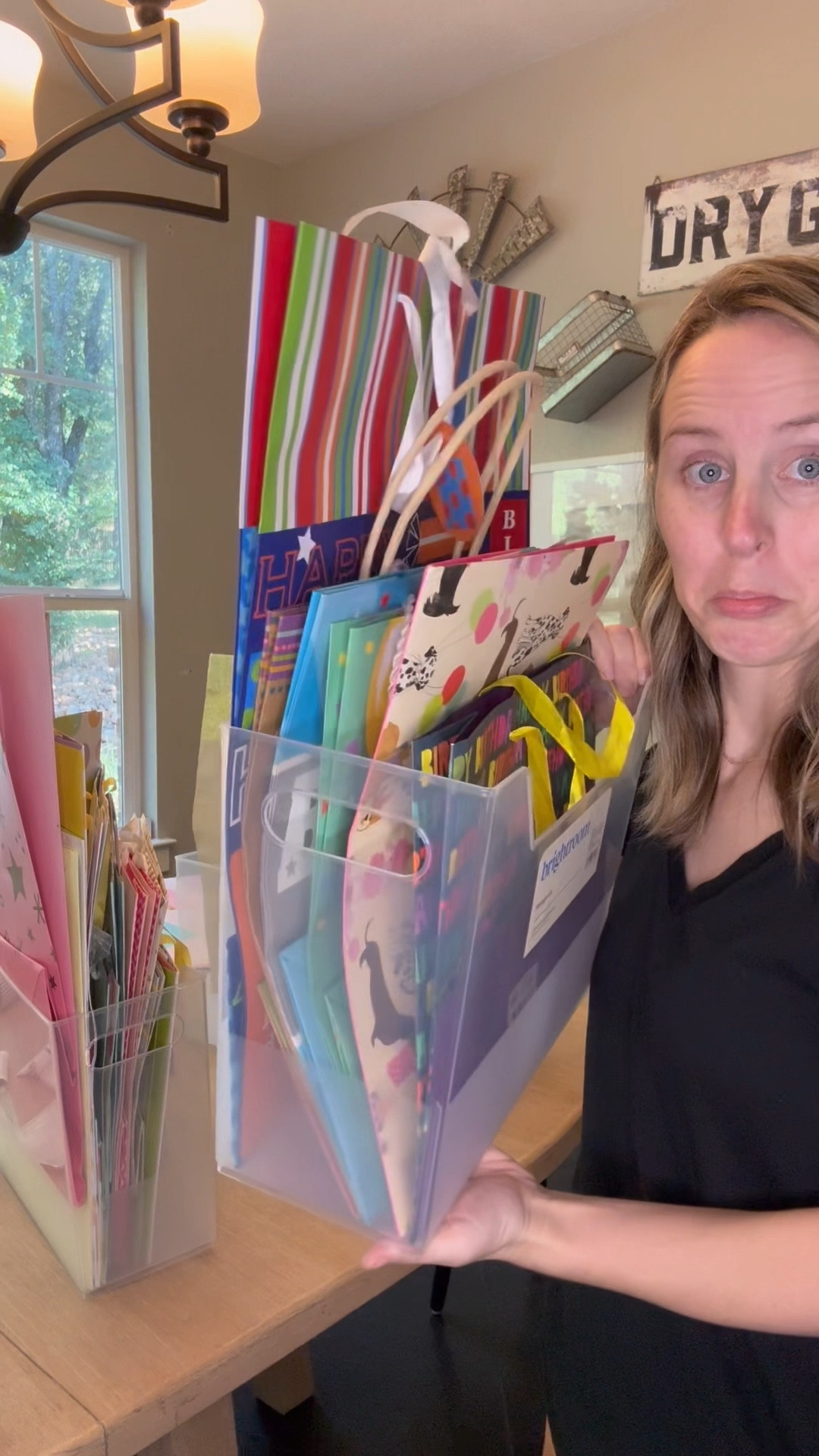 I saw this hack for organizing gift bags and with the chaos of the holiday season upon us, I’ll take all the organization I can get! 