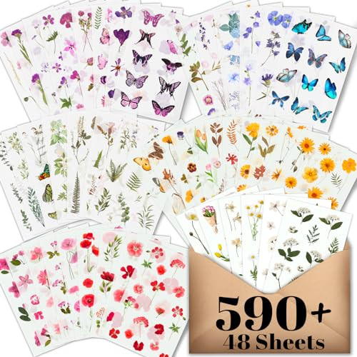 Arme Flower Stickers for Scrapbooking(590 Pieces, 48 Sheets),Decorative Floral Stickers, Small Flower Stickers for Adults, Pressed Flower Stickers Pack, Colorful Wildflower Stickers for Scrapbooking | Amazon (US)