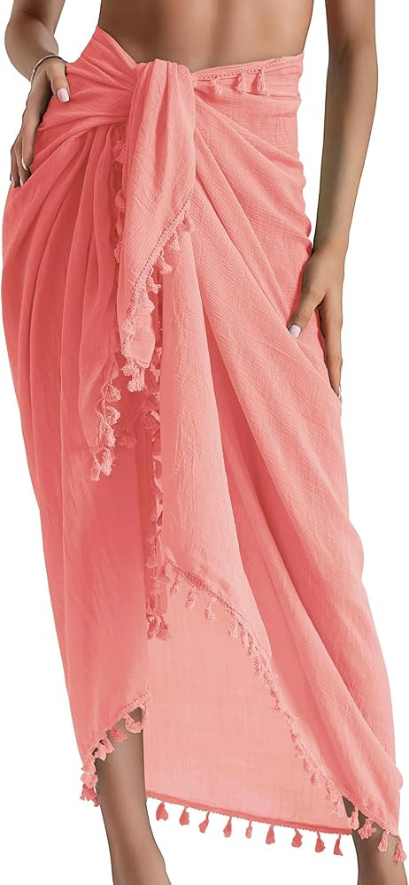 Eicolorte Beach Sarong Pareo Womens Semi-Sheer Swimwear Cover Ups Short Skirt with Tassels | Amazon (US)