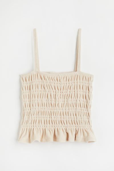Smocked top in soft terry with narrow shoulder straps, a square neckline and a flounced trim at t... | H&M (US + CA)