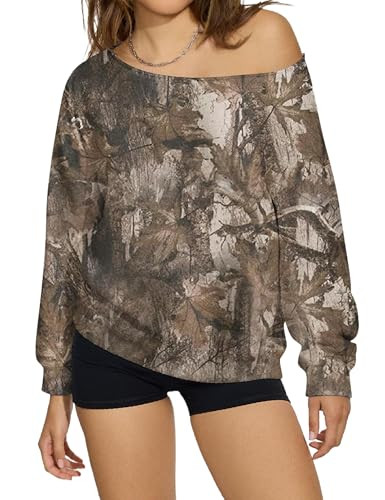 HOCANDY Womens Camo Off The Shoulder Sweatshirt Maple Leaf Print One Shoulder Sweatshirts Long Sleeve Loose Fleece Pullover | Amazon (US)