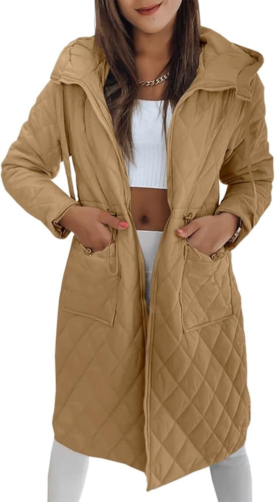 Imily Bela Womens Long Quilted Jackets Zip Up Hooded Drawstring Waist Coats with Pockets | Amazon (US)