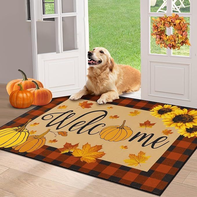 HEBE Fall Door Mat 32"x48" Non Slip Pumpkin Welcome Doormat Buffalo Plaid Doormats for Autumn Har... | Amazon (US)