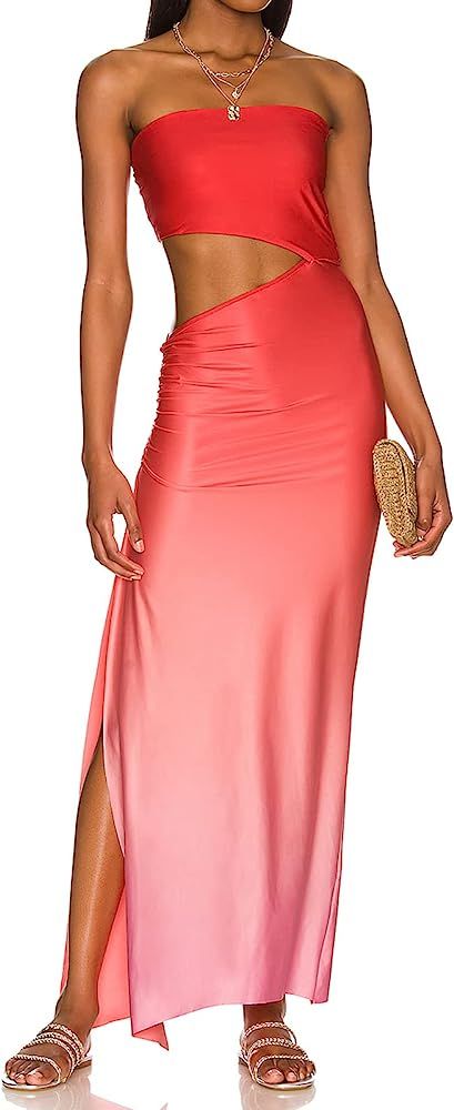 Floral Maxi Dresses for Women Spaghetti Strap Blackless Cutout Slim Ruched Bodycon Long Dress Sum... | Amazon (US)