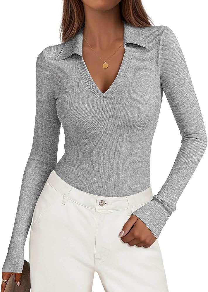 KIRUNDO Polo Shirts for Women Long Sleeve Business Casual Tops 2026 Spring Fall Ribbed Knit Colla... | Amazon (US)