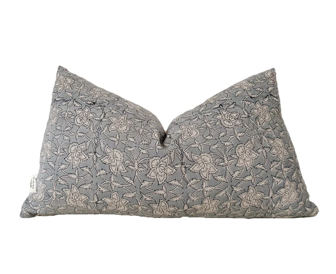 Block Print Linen Pillow. Antique Blue/black Floral Pillow,linen Lumbar Pillow Cover . 12x2014x20... | Etsy (US)