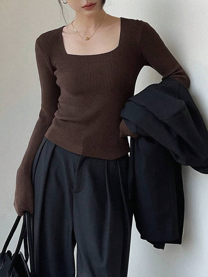 DAZY Solid Square Neck Ribbed Slim Sweater | SHEIN