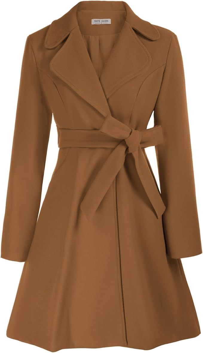 Kate Kasin Women A Line Peacoat Dress Coat Belted Notch Lapel Overcoat Fall Winter Trench Coats | Amazon (US)