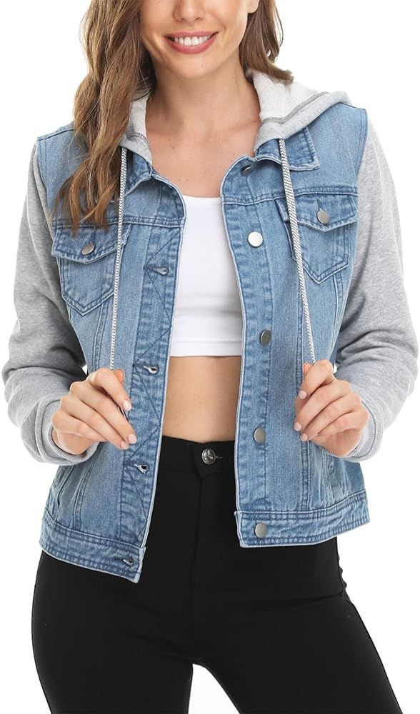 Women's Layered Drawstring Casual Hoodie Denim Jackets Jean Jacket Coat w Pockets | Amazon (US)