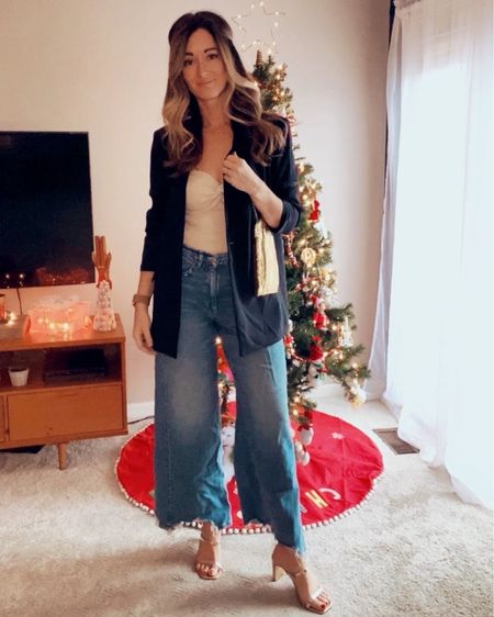 Dressy winter outfit. Gold heels, wide leg jeans and an oversized black blazer ✨🎄 Great for a holiday party, Christmas outfit, nye outfit. 

#LTKstyletip #LTKfindsunder50 #LTKHoliday