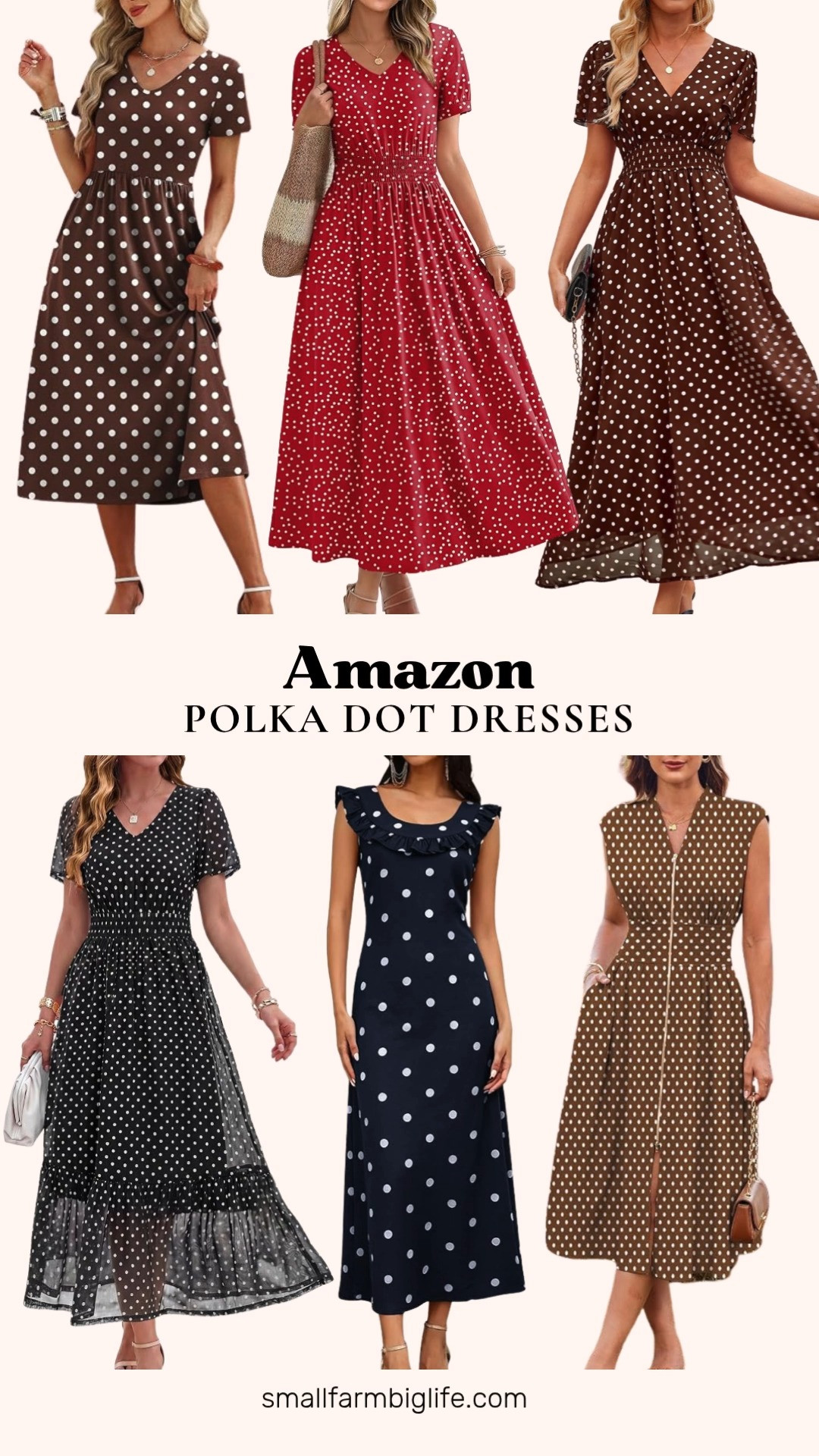 Polka dot dresses are having a real moment right now, and this Amazon roundup is full of the best options I found. This print is trending everywhere from teacher outfit roundups to wedding guest looks this season.
I am loving the brown and white polka dot chiffon empire waist maxi dress for a wedding guest or beach event, and the red and white OFEEFAN smocked waist maxi dress for an easy boho look. The navy and white ruffle cap sleeve maxi dress and the black and white Simplee boho maxi dress are both gorgeous options for a summer wedding or vacation. The brown and white OFEEFAN flowy A line midi dress rounds things out with pockets for an everyday casual option.
Shop all of my favorite polka dot dresses from Amazon linked in this post. 

 #LTKootd #LTKOver40 #LTKWorkwear