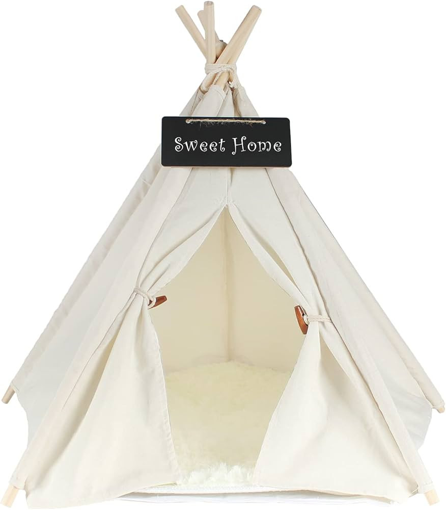 Pet Teepee Dog & Cat Bed - Dog Tents & Pet Houses with Cushion & Blackboard, Chalk | Amazon (US)