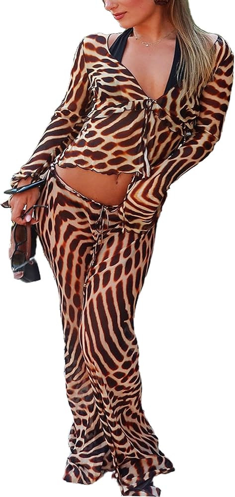 VOIKERDR Two Piece Sets Leopard Print Shirt and Pants Matching Sets Women Clothing | Amazon (US)
