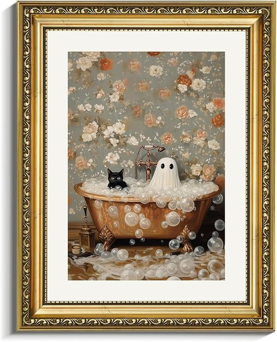 VIYYIEA Gold Framed Canvas Art Prints,11x14Inch, Funny Halloween Decor, Cute Ghost Cat Decor for ... | Amazon (US)
