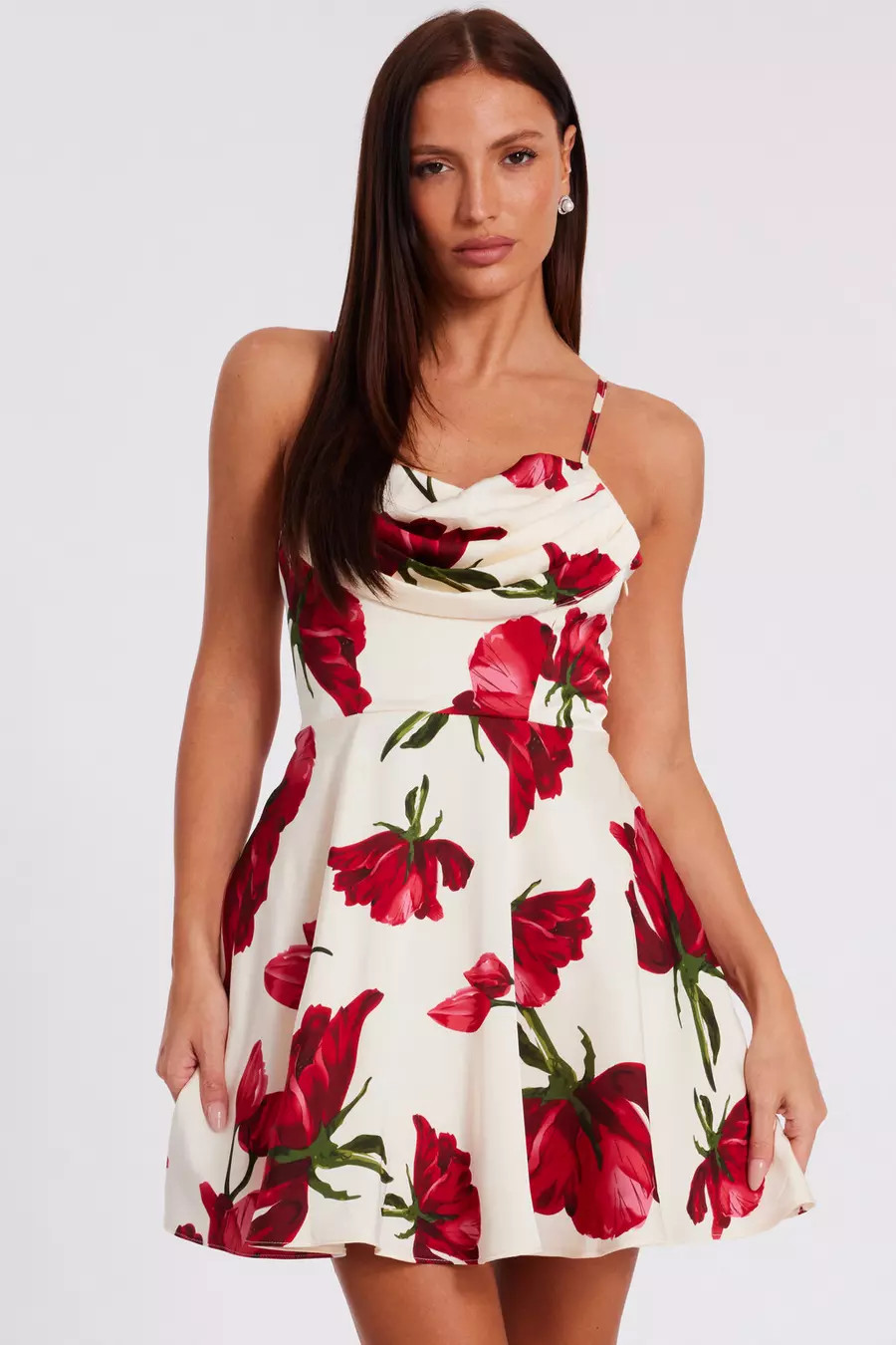 Cream Satin Rose Print Mini Dress | Quiz Clothing