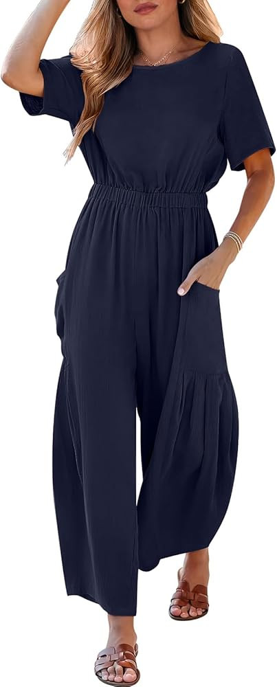 ANRABESS Women Linen Jumpsuits 2024 Summer Casual Loose Short Sleeve Wide Leg One Piece Jumper Ro... | Amazon (US)