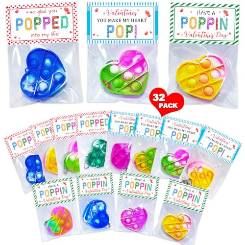BAOXUE 32 Pack Valentines Day Cards For Kids School, Pop It Valentines Cards For Kids, Classroom Bulk Gifts with Keychains Cards, Perfect for School Party Favors Class Exchanges | Amazon (US)