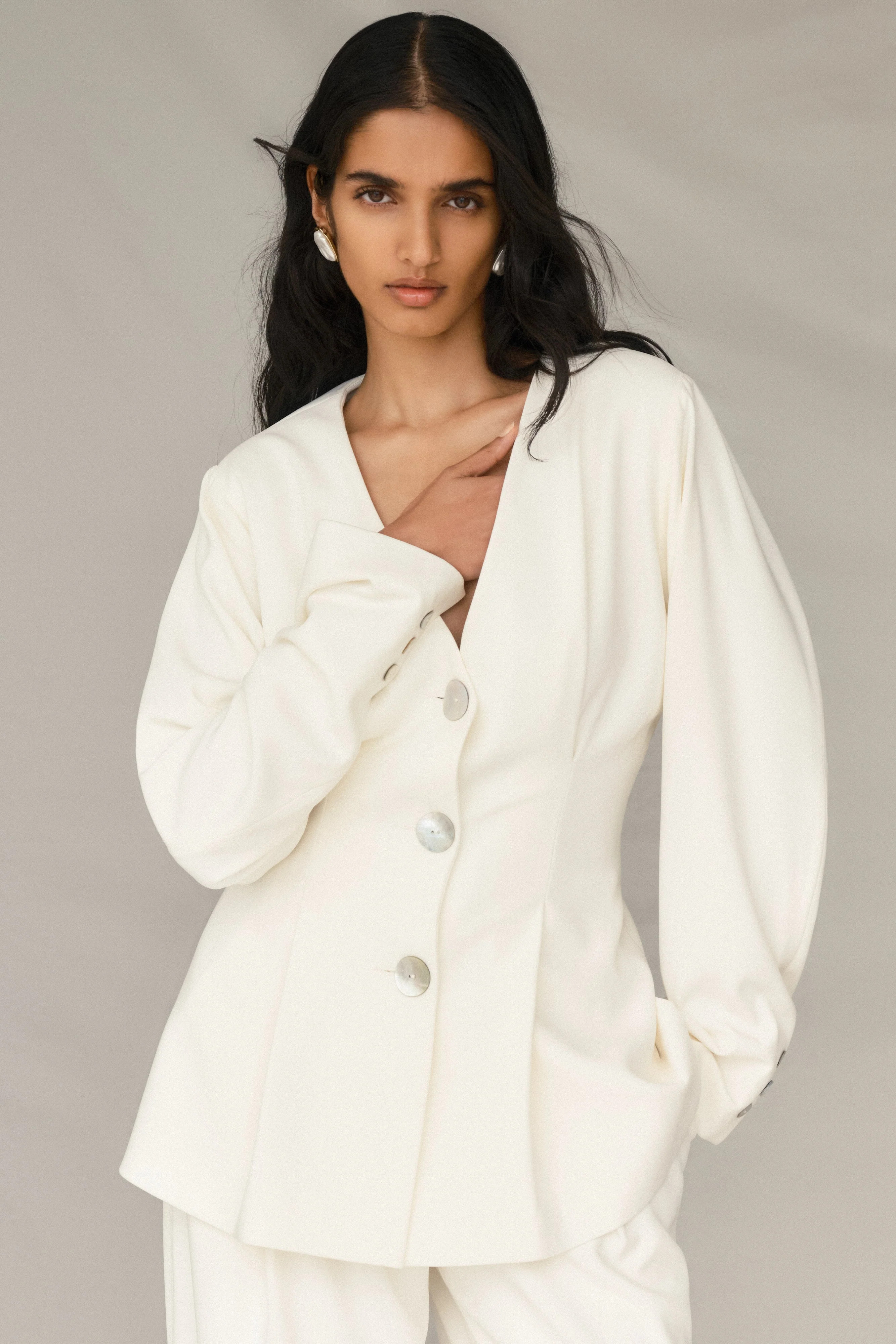 Kendall Balloon Sleeve Jacket - Ivory | MESHKI US