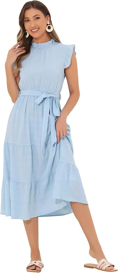 Allegra K Midi Dresses for Women's Ruffled Sleeve Mock Neck Casual Dress | Amazon (US)