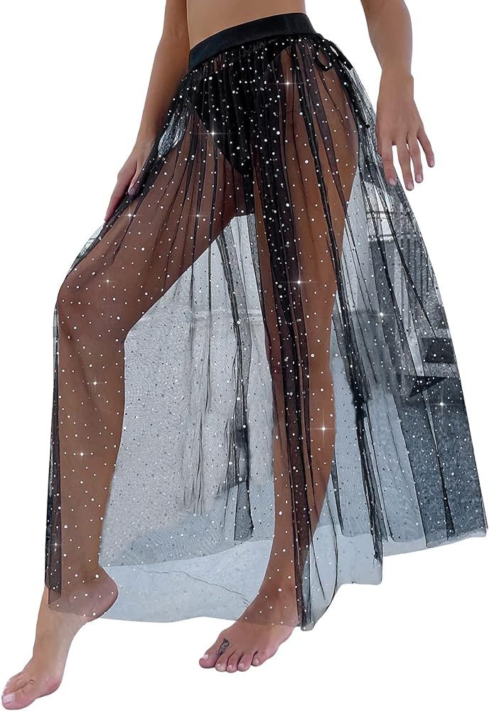 SheIn Women's Sheer Mesh Beach Skirt Glitter Swing Pleated Cover Up Skirts | Amazon (US)