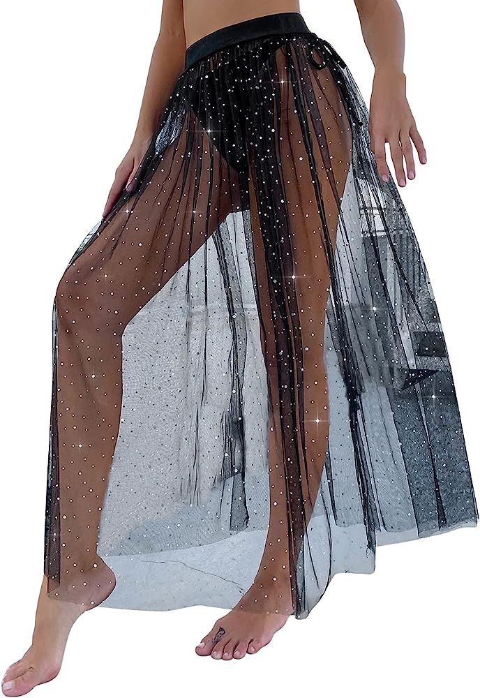 SheIn Women's Sheer Mesh Beach Skirt Glitter Swing Pleated Cover Up Skirts | Amazon (US)