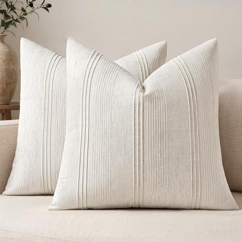 MIULEE Decorative Striped Throw Pillow Covers 18x18 in Natural Beige 2 Pack | Amazon (US)
