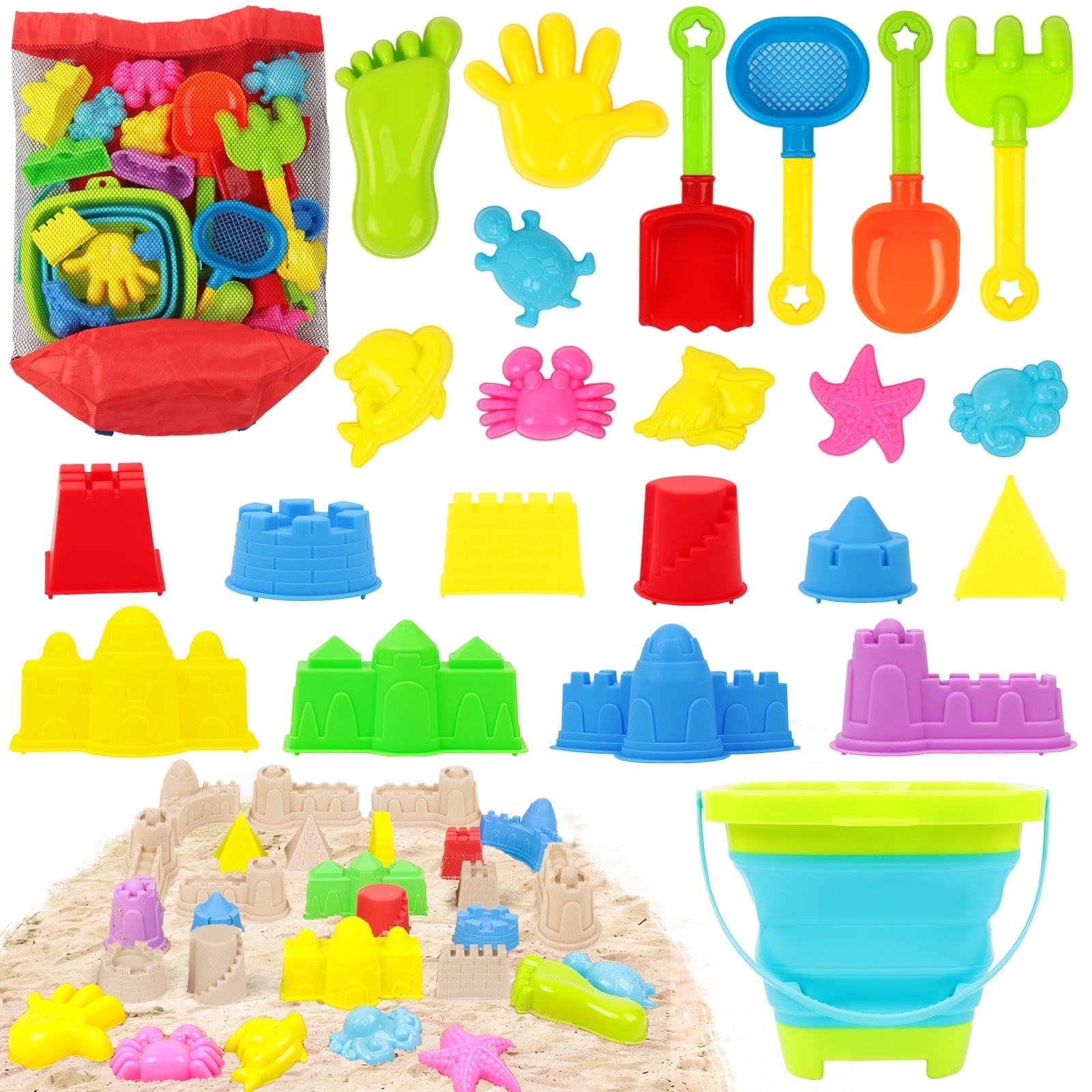 KiddiTouch Sand Toys 24Pcs Beach Toys, Sandbox Toys with Collapsible Plastic Sand Bucket& Mesh Be... | Walmart (US)