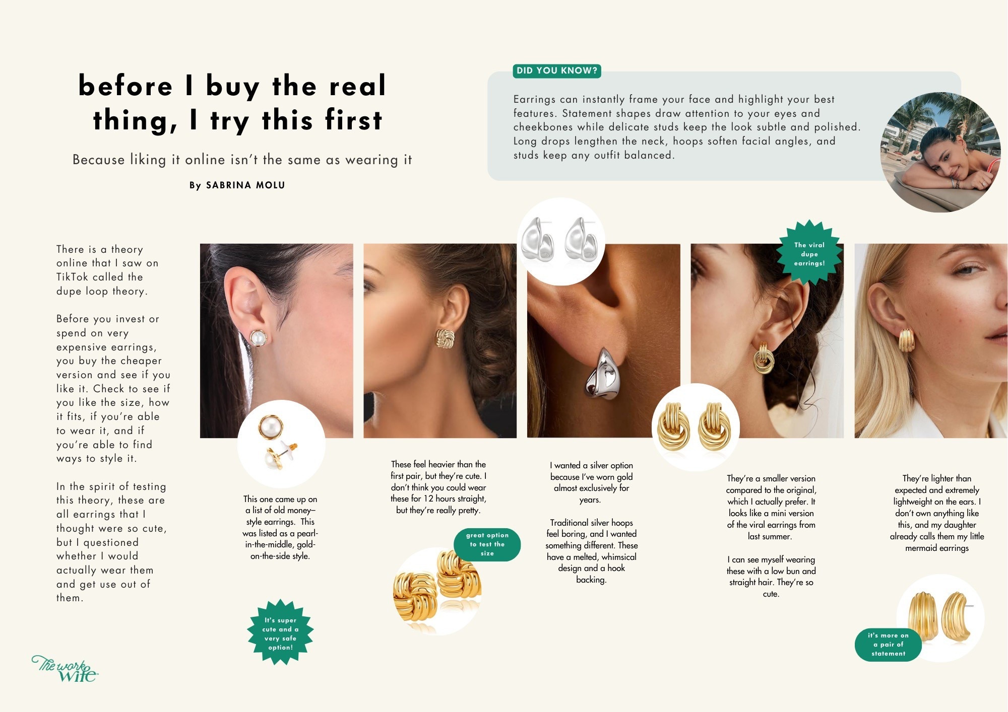 There is a theory that I read called the ‘Dupe Loop’ theory. The TL;DL is that before you invest in a luxury item, you buy a cheaper version (or a dupe) to test the waters. How often do you reach for it? Are you able to wear it daily? Style it different ways? Is this truly worth the investment. 

I am not a luxury feign, but I do love an occasional splurge. Lately, I’ve been investing in good jewelry— but after the expensive pair broke with 3 wears, I found myself jaded and inspired to try my own personal version of the dupe loop theory. 

#LTKootd #LTKgrwm #LTKBeauty