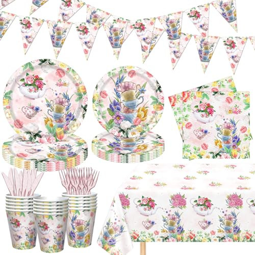 123Pcs Tea Party Decorations Tea Floral Party Supplies Floral Party Plates and Napkins Sets Flower Tableware for Tea Party Girl's Birthday Baby Shower Wedding | Amazon (US)