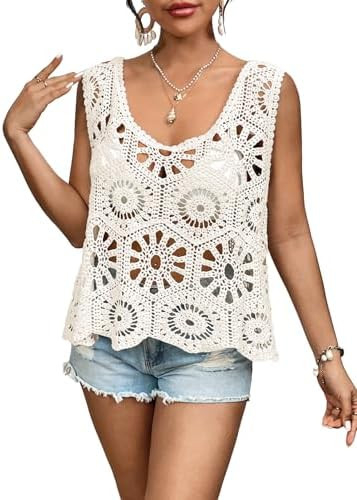 miduo Womens Boho Hollow Out Loose Knit Crochet Top Scoop Tank Tops Sleeveless Cami Shirts Beachw... | Amazon (US)