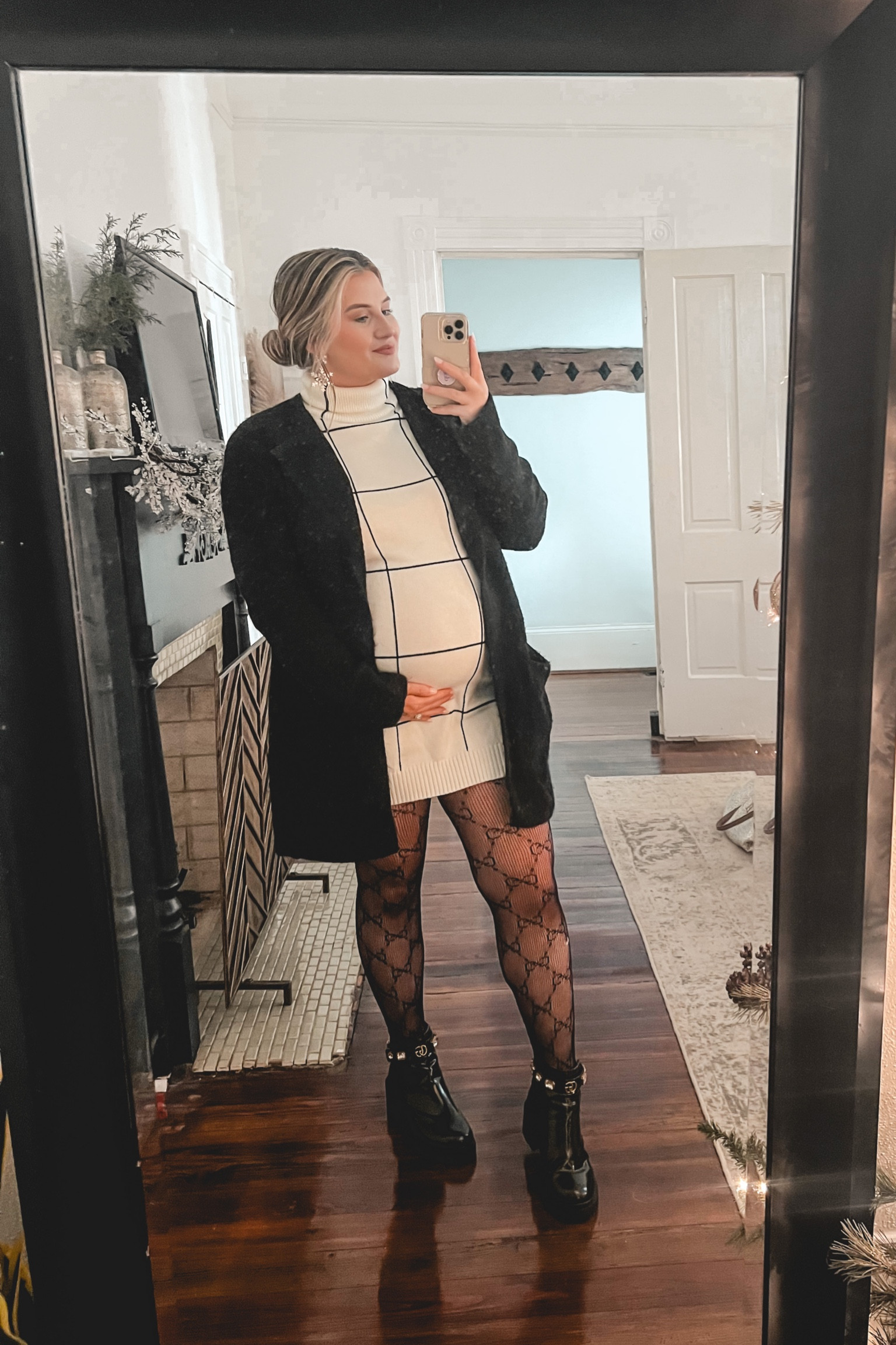 Maternity winter outfit bump friendly white dress 