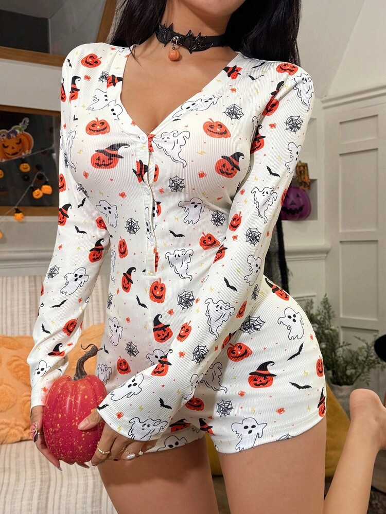 SHEIN Damen Gestrickter V-Ausschnitt Knopf Halloween Geist & Kürbis Muster Pyjama Romper, Herbst | SHEIN