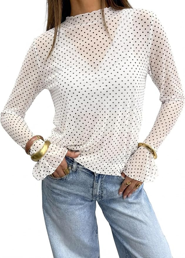 Tankaneo Womens Mesh Polka Dot Tops Bell Sleeve High Neck Summer Casual Blouse Trendy Loose Fit Y... | Amazon (US)