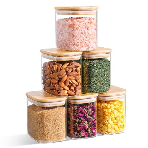 ComSaf 26oz Rectangle Glass Storage Containers with Lids, Glass Jars with Bamboo Lids, Clear Food Storage Jar, Sugar Coffee Containers, Small Pantry Storage Container for Tea Candy Nuts Spices Oat | Amazon (US)