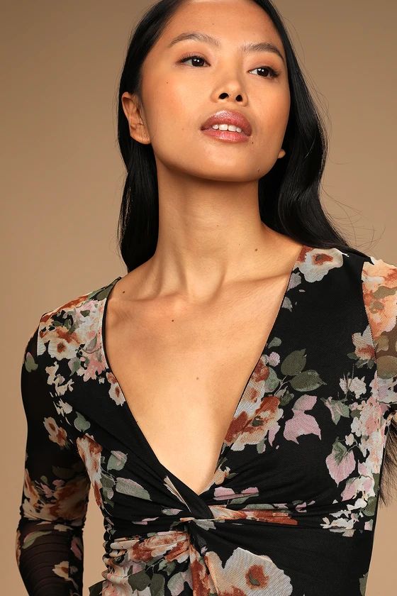 Majorly Moody Black Floral Twist-Front Long Sleeve Mesh Bodysuit | Lulus