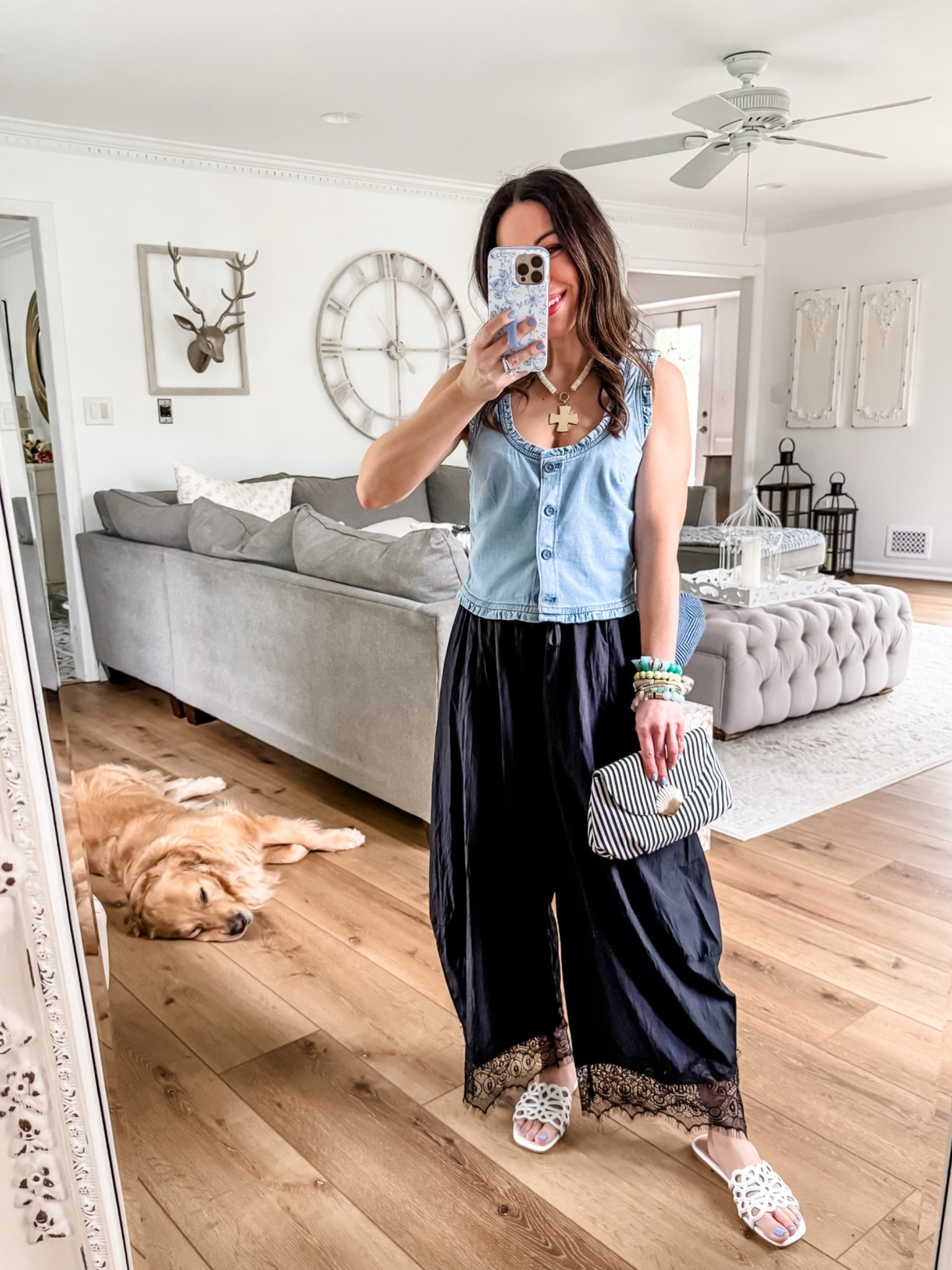 Denim vest small. Lace pants small. Sandals tts. Vest code DREAMTEAM. Avara code WEEKEND10. Jewelry code HOUSEOFLEO20

#LTKOver40 #LTKSaleAlert #LTKPetite