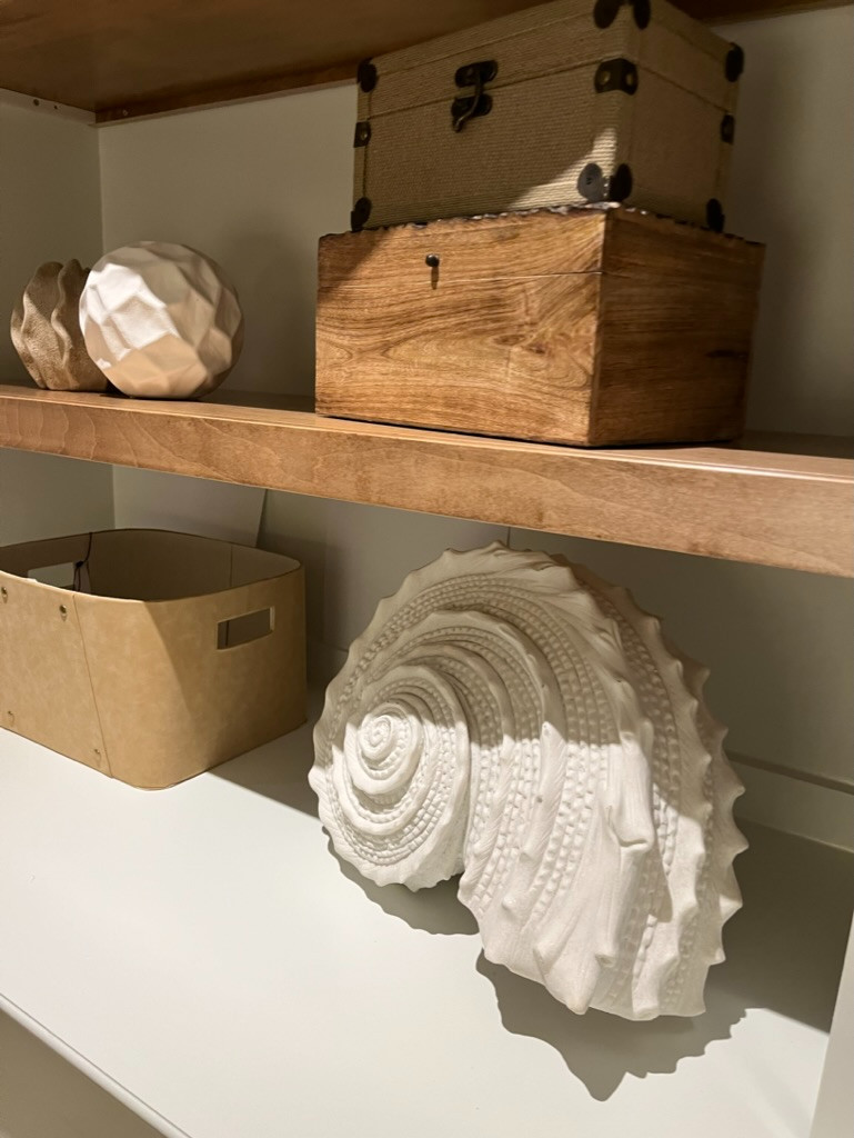 The shelf detail that makes people stop and ask where you got that.

It is always the unexpected piece that pulls a vignette together. That oversized white shell sculpture next to warm wood tones and organic textures is the finishing touch this shelf was waiting for. 

Varying heights, natural materials, and one statement object. That is the whole formula.

Sources linked in my LTK. Tap to shop.
#AmandaAndCoDesign #LTKfind #LTKstyletip 

 #LTKHome