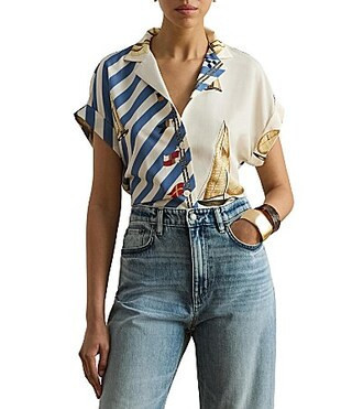 Lauren Ralph Lauren Crepe de Chine Striped Sailboat Print Button-Front Shirt - S | Dillard's