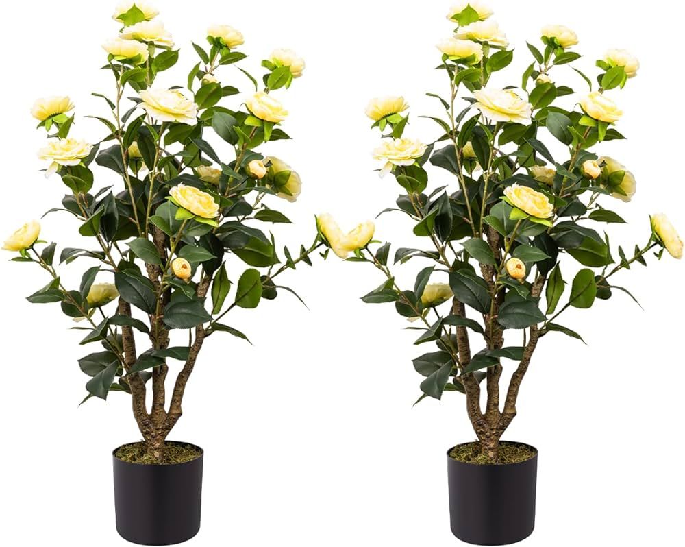 Artificial Camellia Tree, 3FT Yellow Fake Tree Blooming Camellia Flower Plant for Spring Home Fro... | Amazon (US)