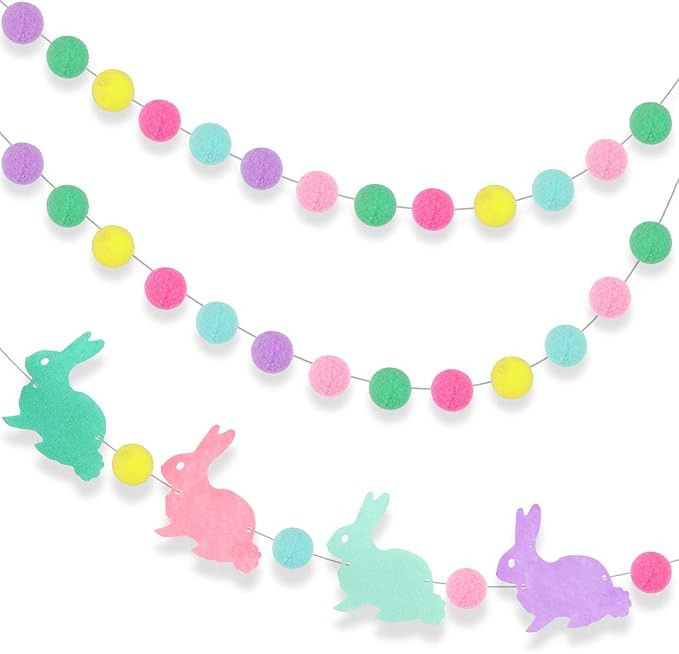 3 Pieces Easter Pom Pom Garlands Colorful Felt Ball Garlands Felt Bunny Ball Garland Pom Pom Hang... | Amazon (US)