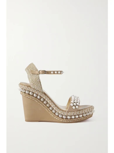 Christian Louboutin - Lata 110 Spiked Leather Espadrille Wedge Sandals - Beige | NET-A-PORTER (US)