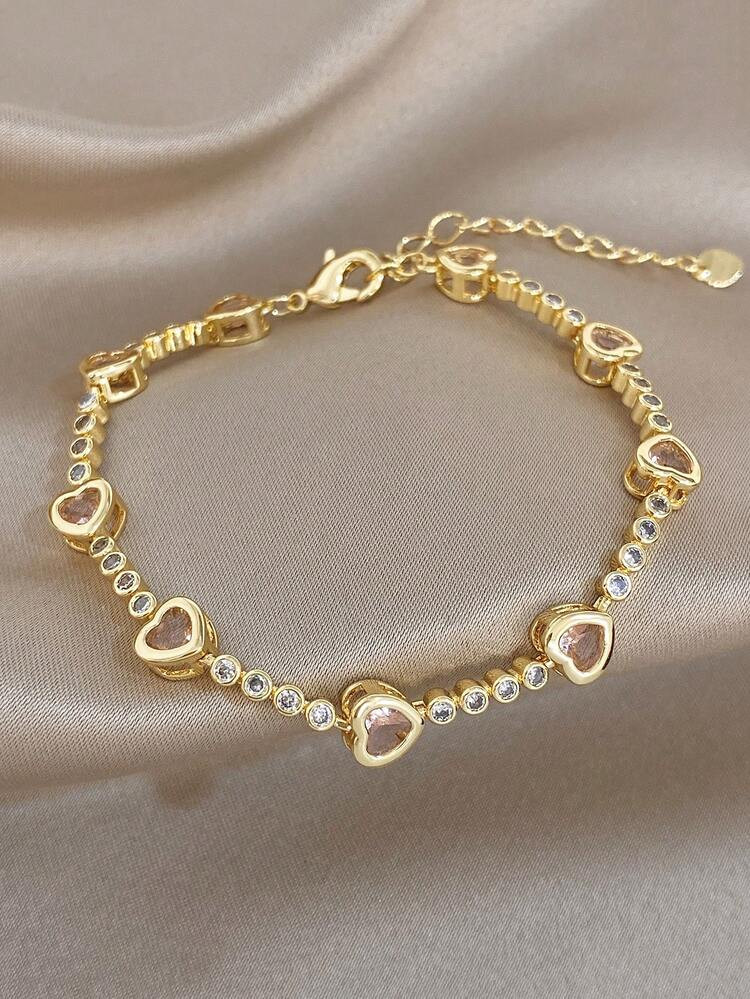 1Pc Retro Luxury Heart Ruby Red Bracelet, 18K Gold Plated Stainless Steel With Inlaid Green And Pink Zirconia, Adjustable Dainty Chain For Women, For Daily Wear, Dating, Party, Anniversary, Birthday Gift, Romantic Jewelry For Valentine's Day Boho Jewelry Bridesmaid Gifts | SHEIN