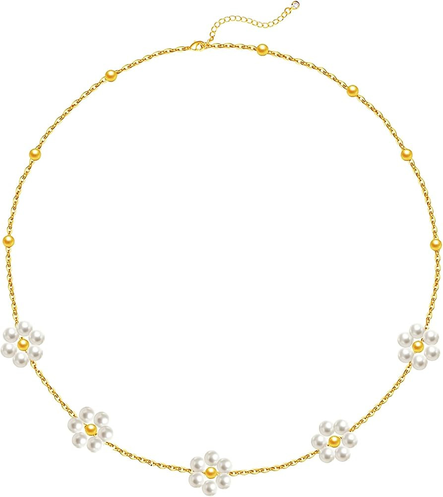 OGD Gold Pearl Necklaces Set for Women 14K Gold Plated Dainty Layered Pearl Cute Daisy Pearl Chok... | Amazon (US)